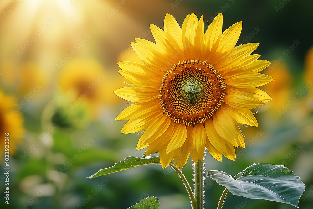 Fototapeta premium A yellow sunflower is the main focus of the image, surrounded by green leaves