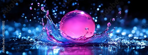 Vibrant neon splash of purple and blue liquid pouring from one side to the other, creating an artistic explosion on a black background