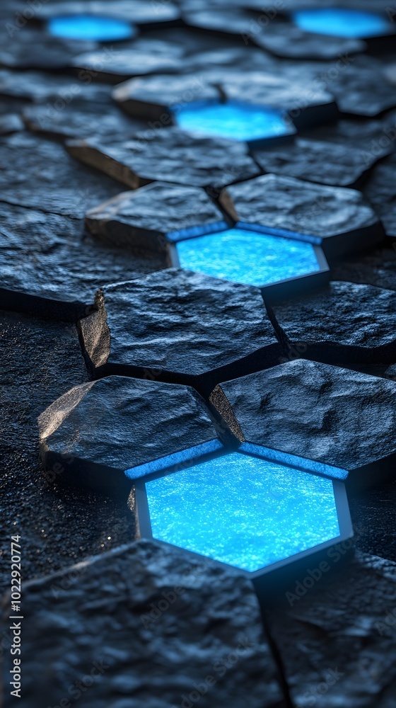 3D render, abstract background with blue glowing hexagons on a dark grey wall texture. Modern wallpaper for technology and science themes. 3D render, abstract background with blue glowing hexagons on a dark grey wall texture. Modern wallpaper for technology and science themes.