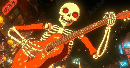 Skeleton Playing Guitar in Anime Style Scene