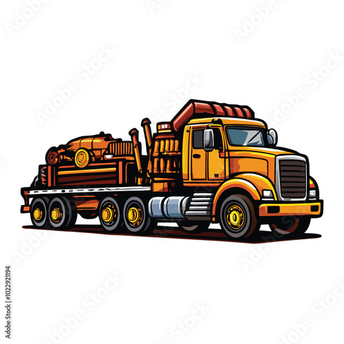 A yellow semi-truck with a flatbed trailer transporting construction equipment to a job site.