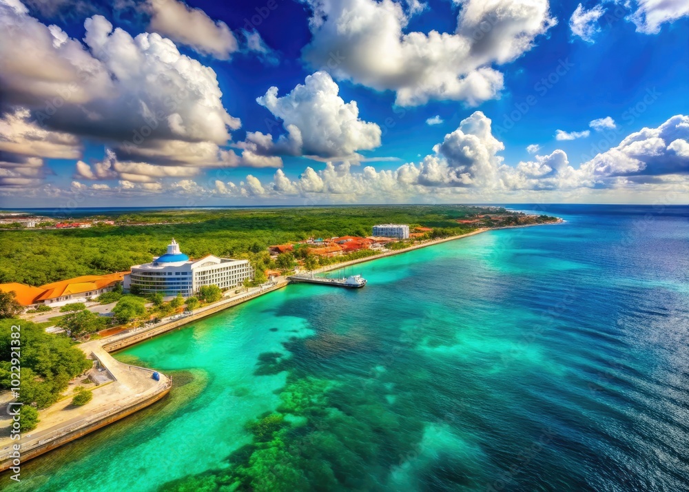 Majestic View of Cozumel, Mexico from Cruise Ship with Vibrant Blue Waters and Lush Green Landscape Majestic View of Cozumel, Mexico from Cruise Ship with Vibrant Blue Waters and Lush Green Landscape
