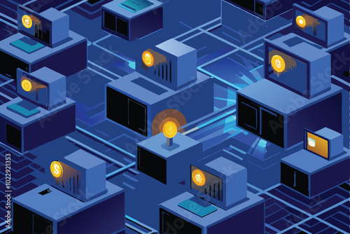 Abstract vector background featuring cryptocurrency mining with glowing coins, blue and black isometric shapes, and blue lines connecting them.