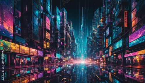 A cyberpunk city street with neon lights and skyscrapers glitch art illustration