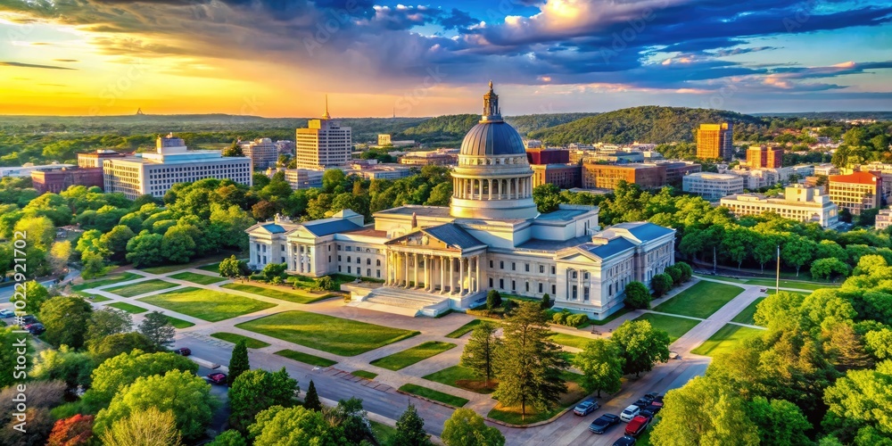 Obraz premium Majestic View of the Arkansas State Capitol Building Surrounded by Lush Greenery and Blue Skies