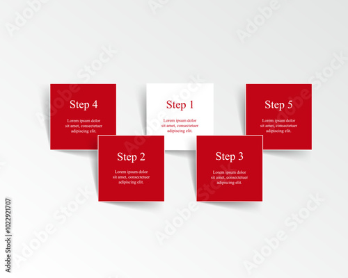 Step by step red infographic template with 5 steps, options, parts or processes.