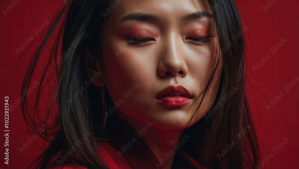 Woman with red lipstick, neutral expression, dramatic shadows, and red accents Woman with red lipstick, neutral expression, dramatic shadows, and red accents