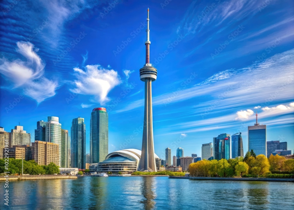 Obraz premium Majestic view of the iconic tower in Toronto against a clear blue sky during a sunny day