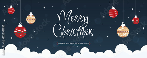 Holiday banner design with hanging Christmas baubles