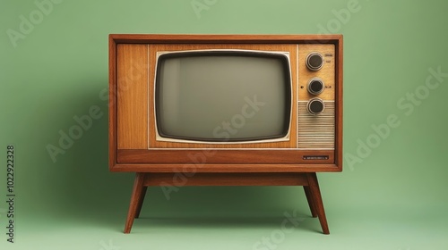 A classic vintage television set with a wooden cabinet and a black and white screen on a green background.
