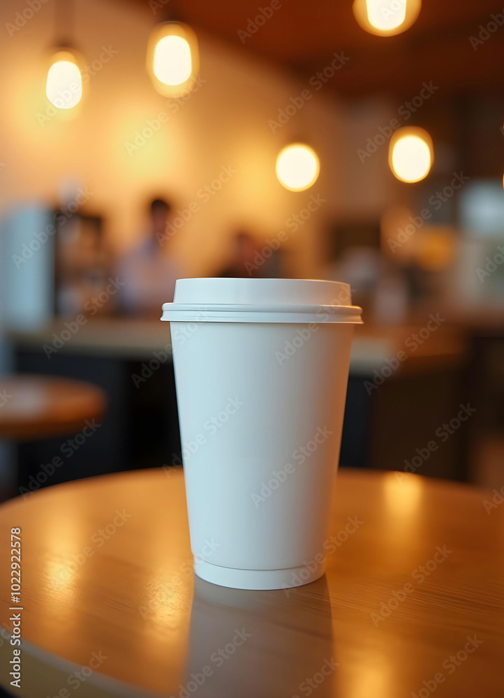 Realistic white paper coffee cup, set against a blurred background of a cozy coffee shop interior. Realistic white paper coffee cup, set against a blurred background of a cozy coffee shop interior.