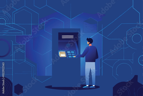 A person using a cryptocurrency ATM machine with a blue background featuring geometric shapes.