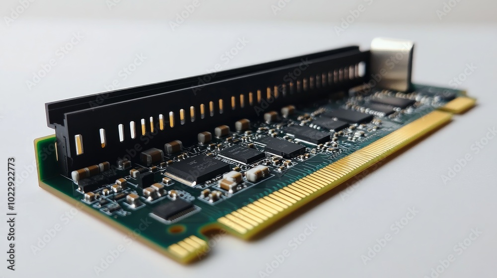 A close-up of a green circuit board with gold connectors. A close-up of a green circuit board with gold connectors.