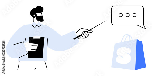 Business professional holding clipboard and pointing. Next to a shopping bag and speech bubble with ellipsis. Ideal for business, presentations, retail, communication, commerce, educational themes