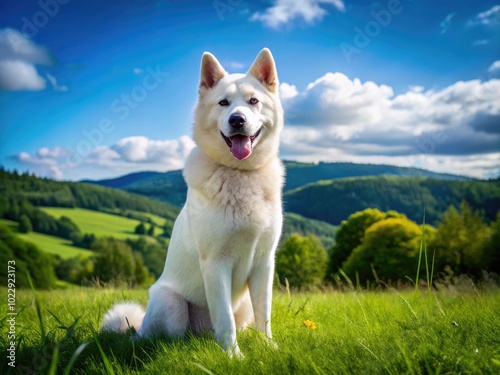 Majestic White Akita Sitting Gracefully in a Lush Green Landscape Under Clear Blue Sky