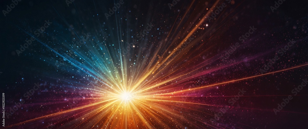 Naklejka premium Cosmic Radiance: A vibrant burst of light explodes across a dark, star-studded expanse, creating a mesmerizing display of color and energy. Perfect for science fiction, fantasy.