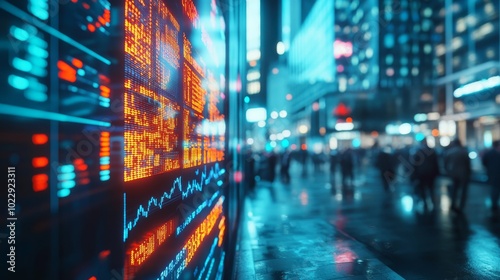 A vibrant urban scene illuminated by colorful digital displays, showcasing financial data against a blurred backdrop of busy city life at night.