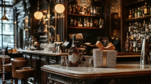 Cozy Bar Interior with Festive Decor and Drinks