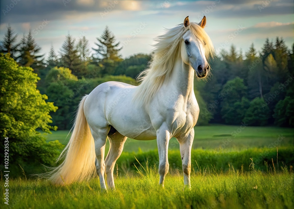 Majestic White Friesian Horse Standing Gracefully in Lush Green Pasture Under a Clear Blue Sky Majestic White Friesian Horse Standing Gracefully in Lush Green Pasture Under a Clear Blue Sky