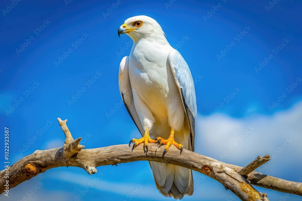 Majestic White Hawk Bird Perched on a Branch Against a Soft Blue Sky in Natural Habitat Setting Majestic White Hawk Bird Perched on a Branch Against a Soft Blue Sky in Natural Habitat Setting
