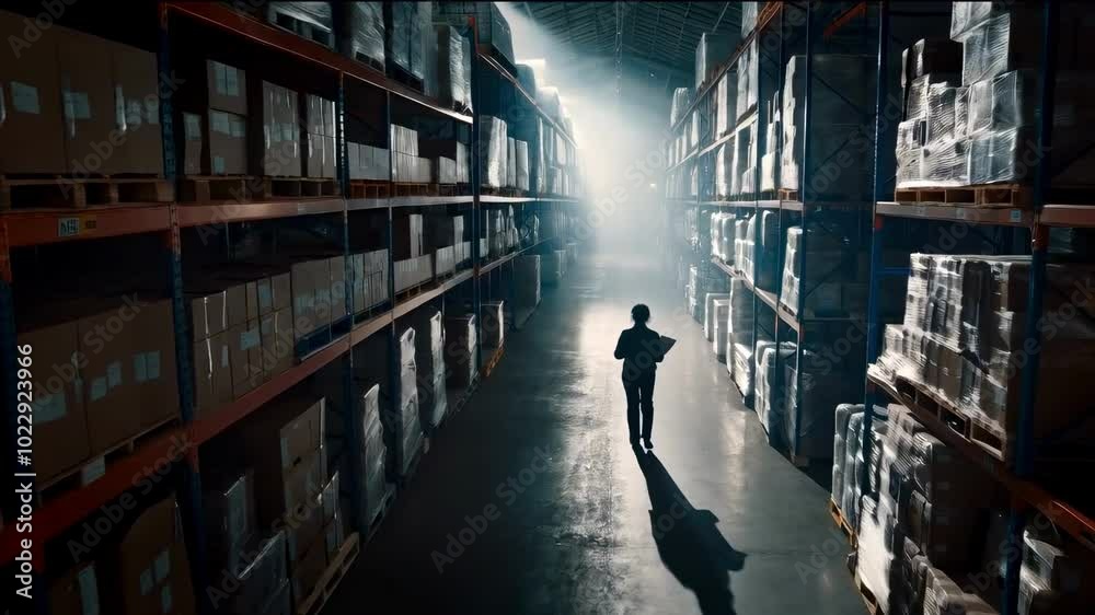 A lone worker walking down a warehouse aisle A lone worker walking down a warehouse aisle