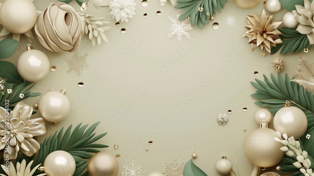 Festive holiday frame with gold and cream decorations, including baubles, leaves, and snowflakes on a soft beige background. Festive holiday frame with gold and cream decorations, including baubles, leaves, and snowflakes on a soft beige background.