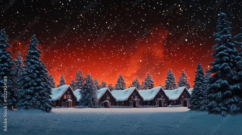 Fototapeta premium Charming winter landscape featuring cozy cabins surrounded by snow and evergreen trees under a starry sky with a vibrant orange glow.