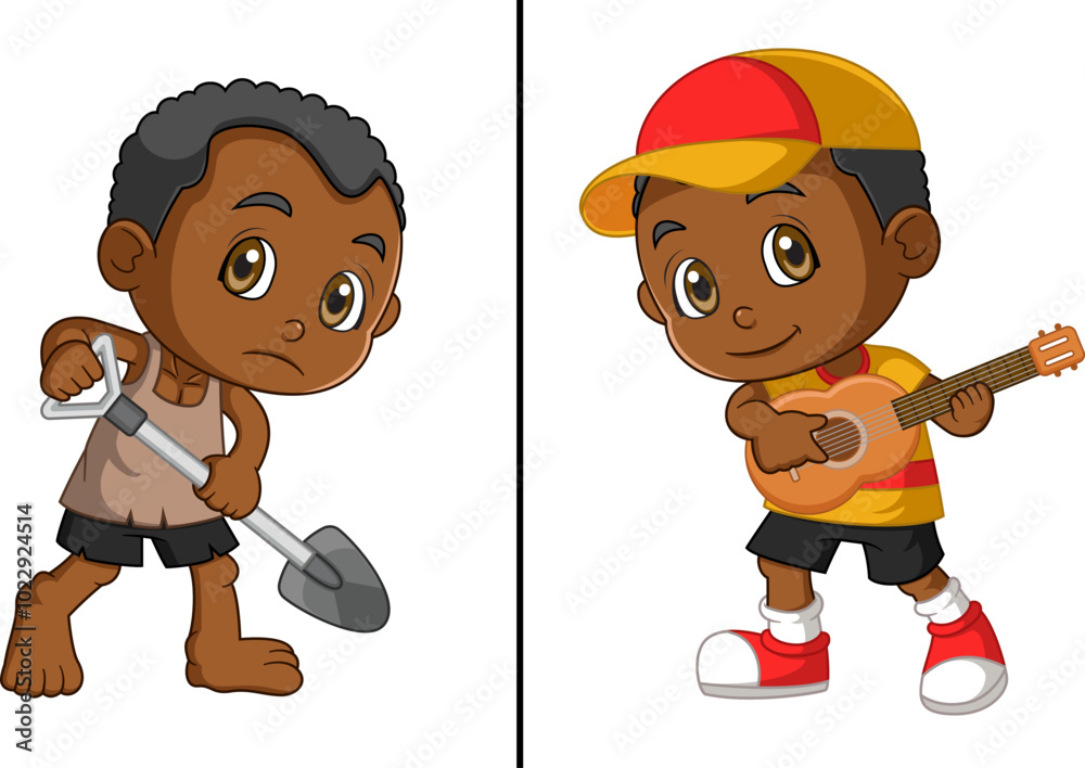 World Day Against Child Labor Concept With Child. Kids working on one side and on another side kids playing guitar World Day Against Child Labor Concept With Child. Kids working on one side and on another side kids playing guitar