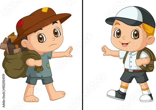 World Day Against Child Labor Concept With Child. Kids working on one side and on another side schoolboy going to school