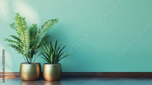Two beautiful potted plants with lush green leaves set against a calming mint-green wall, enhancing the tranquility of any interior space.