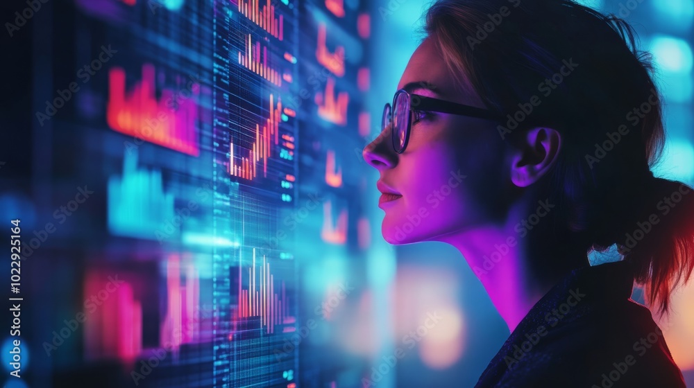 A focused woman analyzes digital data visuals on a screen, illuminated by vibrant colors, embodying themes of technology and insight.