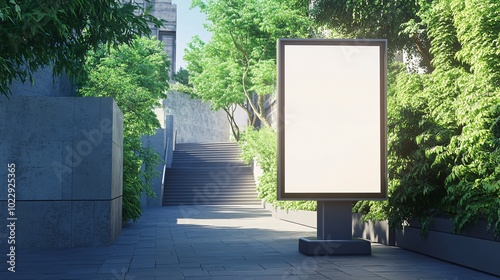 Empty billboard in a modern urban setting surrounded by greenery and stairs, perfect for advertising space in a nature-inspired environment.