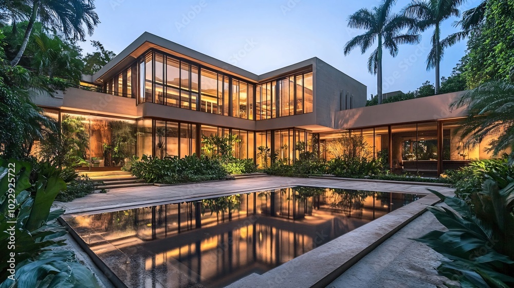 A modern architectural masterpiece featuring large glass windows, surrounded by lush greenery and a serene water feature, capturing the essence of luxury living. A modern architectural masterpiece featuring large glass windows, surrounded by lush greenery and a serene water feature, capturing the essence of luxury living.