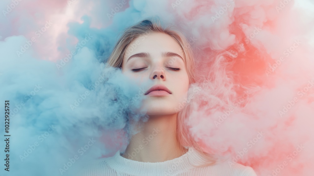 Woman surrounded by colorful smoke, serene expression, soft lighting, ethereal atmosphere Woman surrounded by colorful smoke, serene expression, soft lighting, ethereal atmosphere