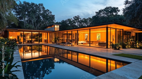 Modern architectural design of a luxury house by the pool illuminated at twilight, showcasing glass walls and scenic landscape.