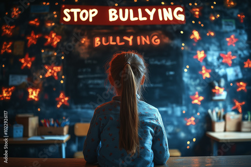 A person sitting in a classroom while hurtful words float around them, but a banner reading 