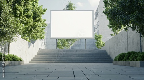 A modern outdoor space featuring a blank billboard surrounded by lush greenery, ideal for showcasing advertisements or art installations.