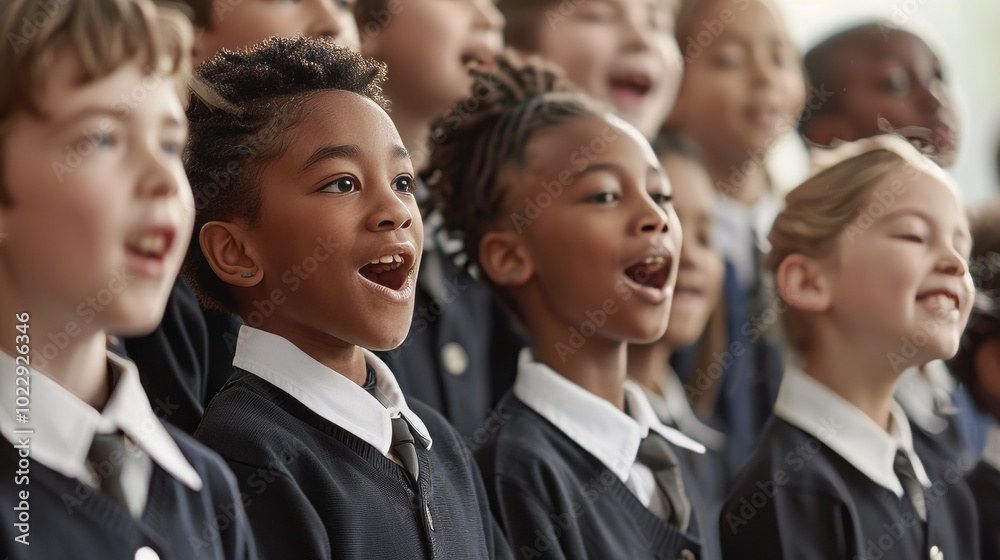 A group of children are singing together in a choir