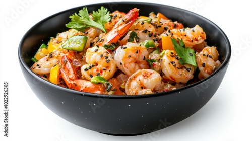 Delicious shrimp stir-fry with vibrant vegetables and herbs in a black bowl, perfect for culinary inspiration and food photography.