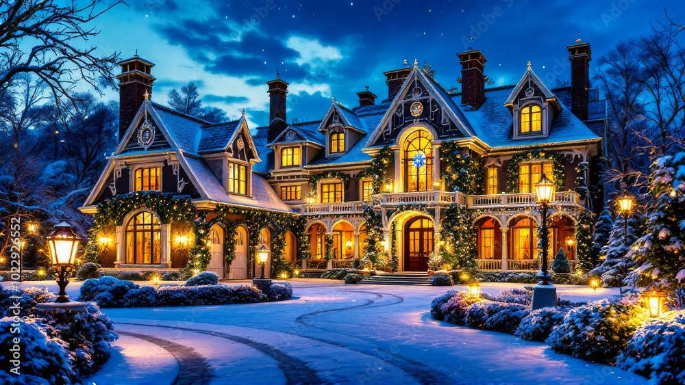 Fototapeta premium Enchanting winter evening at a grand mansion adorned with festive decorations, surrounded by snow and illuminated by warm lights.