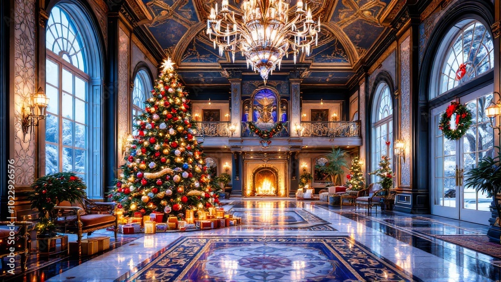 Obraz premium Luxurious holiday mansion adorned with a grand Christmas tree, twinkling lights, and elegant decor, exuding a warm, festive ambiance.