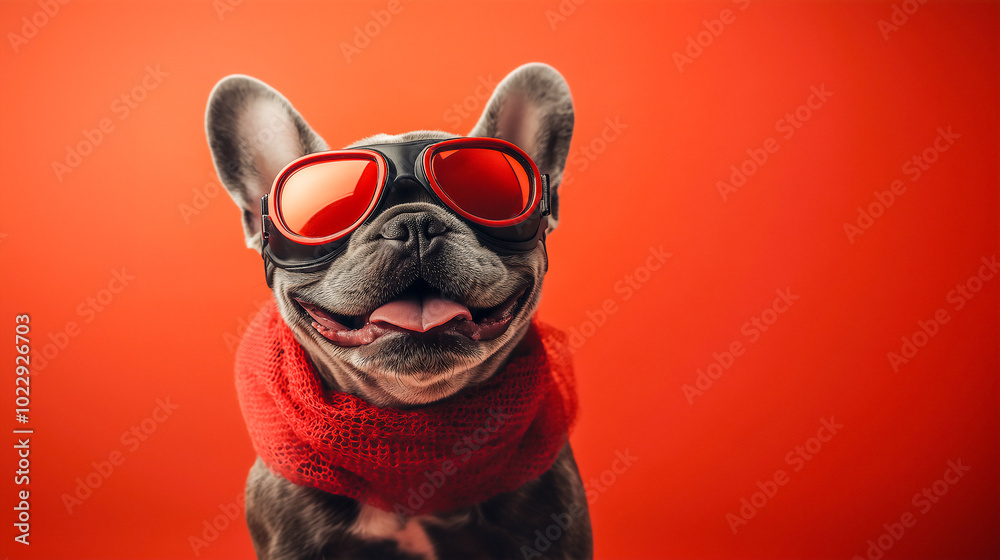 Fototapeta premium Flying cool french bulldog wearing goggle and red cloak studio shot on red and orange background. Fantasy funny animal concept .