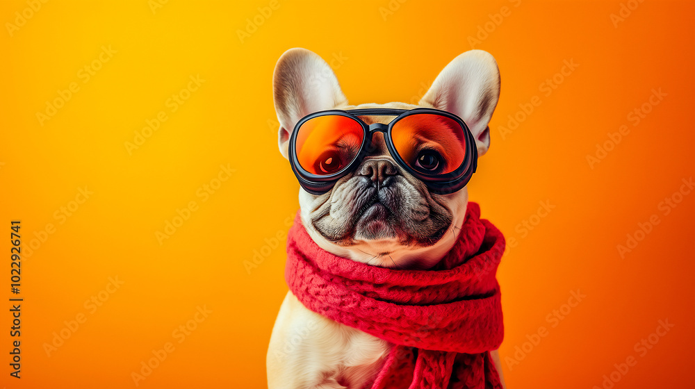 Flying cool french bulldog wearing goggle and red cloak studio shot on red and orange background. Fantasy funny animal concept . Flying cool french bulldog wearing goggle and red cloak studio shot on red and orange background. Fantasy funny animal concept .