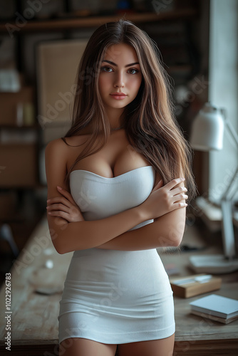 business woman in elegant white dress and logn brown hair posing in front of office background, hands crossed, photorealistic photo