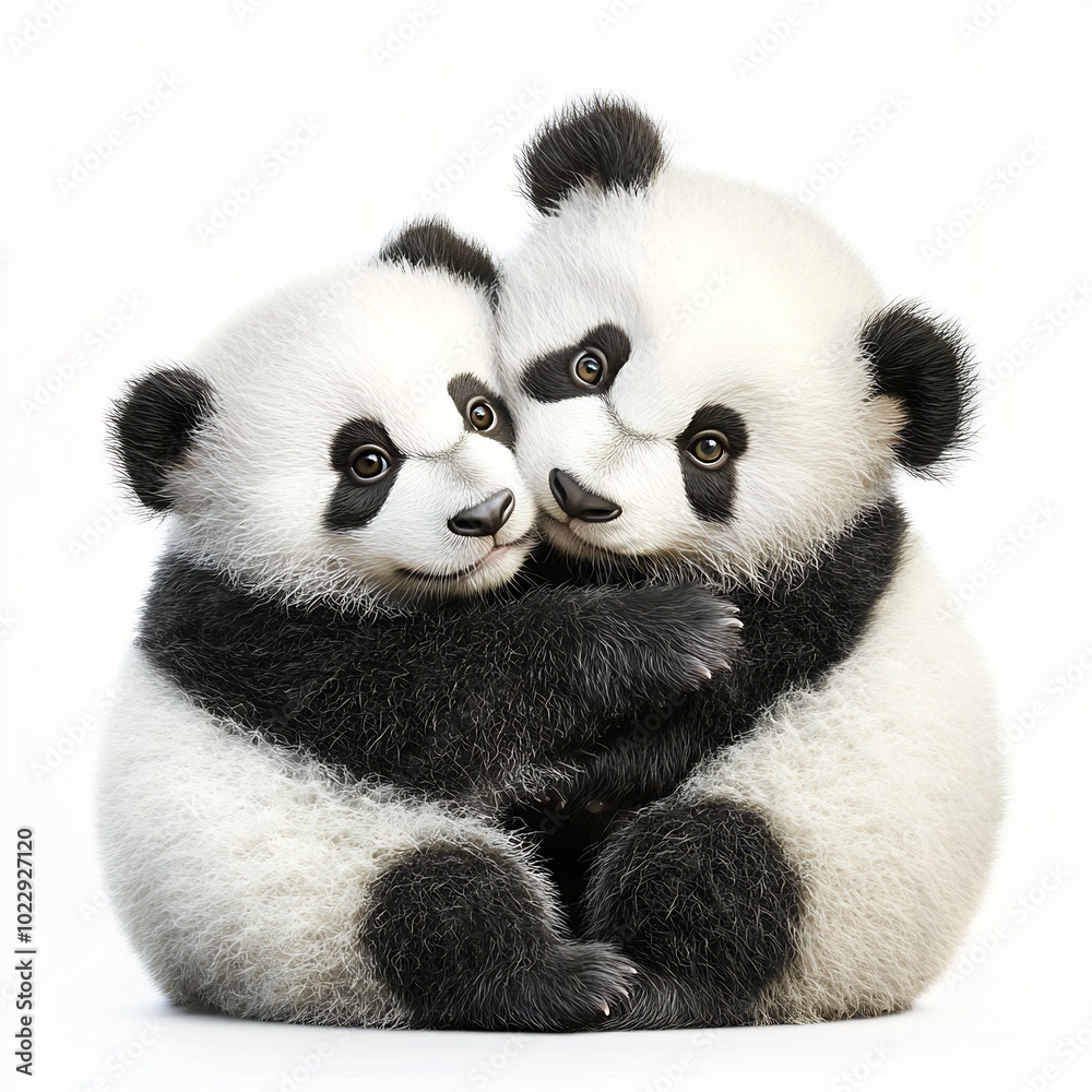 Fototapeta premium Baby pandas in multicolor outfits on a white background