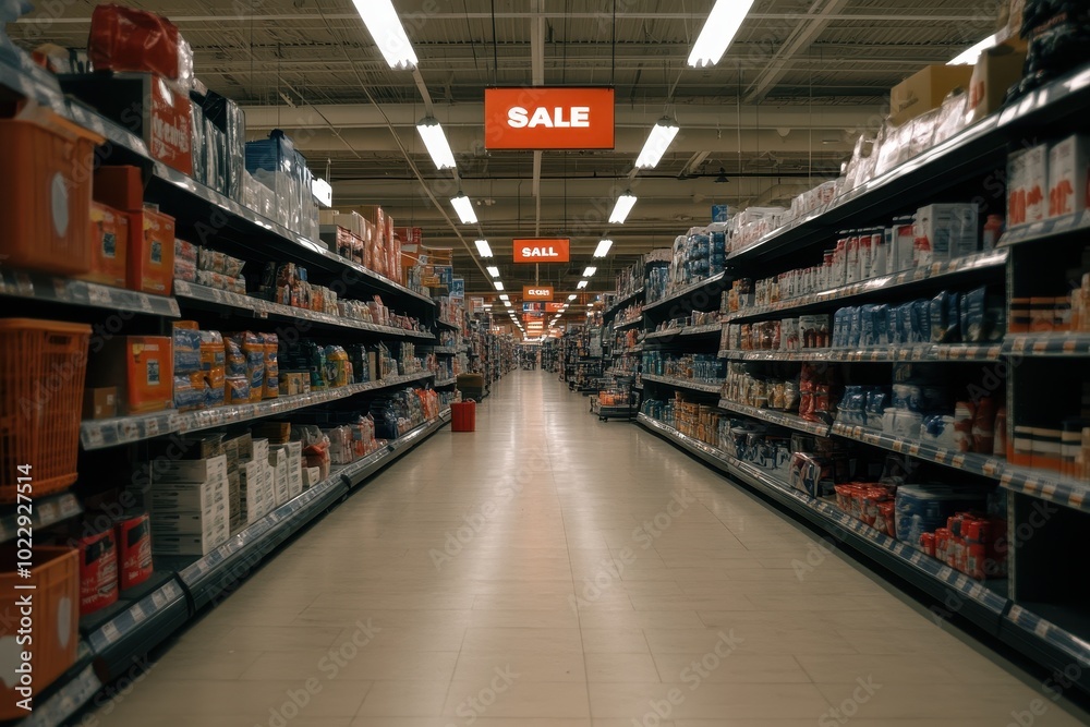 Retail Store Aisle with Sale Signs: A wide shot of a retail store aisle filled with products and sale signs hanging from the ceiling. The image highlights the abundance of deals and the organized chao Retail Store Aisle with Sale Signs: A wide shot of a retail store aisle filled with products and sale signs hanging from the ceiling. The image highlights the abundance of deals and the organized chao