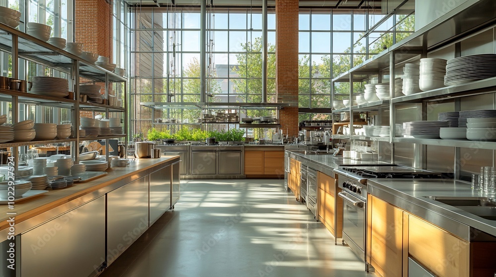 Modern kitchen with stainless steel counters, shelves, and appliances. Sunlight streams through large windows. Modern kitchen with stainless steel counters, shelves, and appliances. Sunlight streams through large windows.