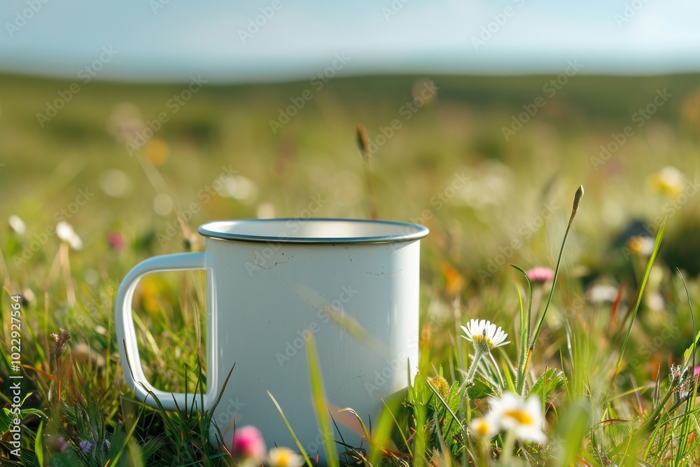 Obraz premium Camping mug nature flower field.