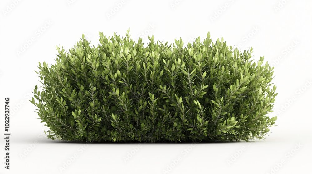 Fototapeta premium Dense green shrub with vibrant leaves, isolated on a white background. The foliage appears healthy and lush, offering a natural and fresh appearance.