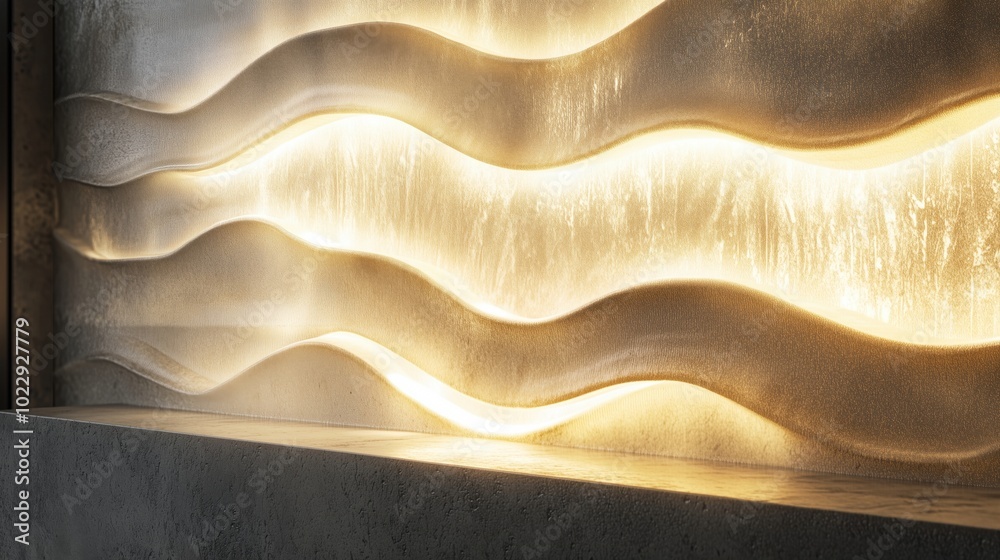 Illuminated wave-patterned wall design, soft lighting, textured surface